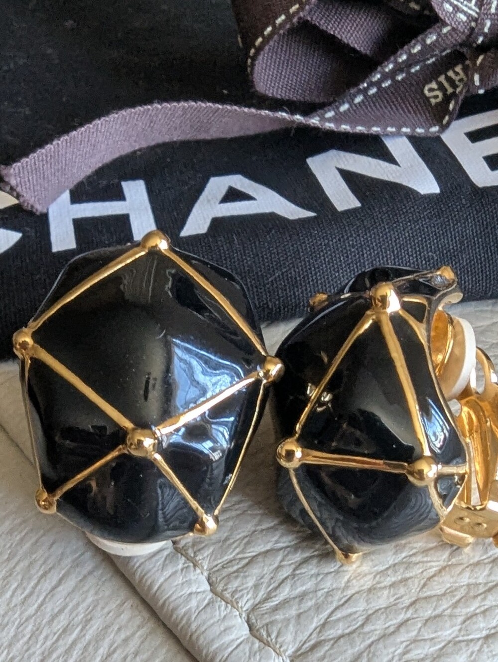 St. John Black and Gold Faceted Clip-On Earrings - Picture 3 of 10